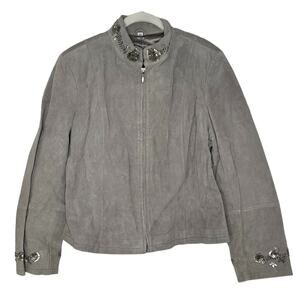 Pamela McCoy 100% Suede Leather Gray Beaded Sequin Zip Jacket Size Large